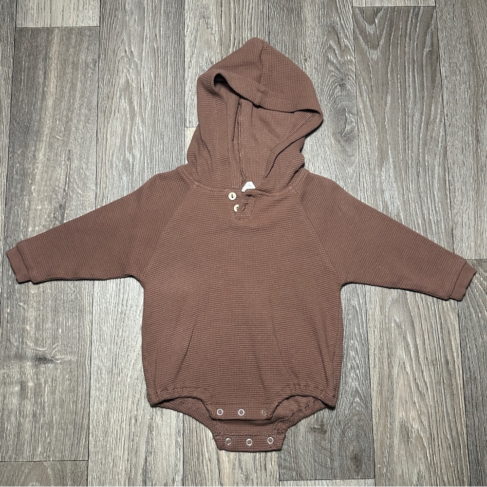 Quincy Mae Brown Waffle Hooded Baby Sweatshirt Romper